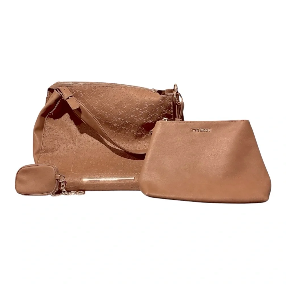 Steve Madden Bags x 3: one Light Brown Shoulder Tote, a Pouch & a keychain Bag